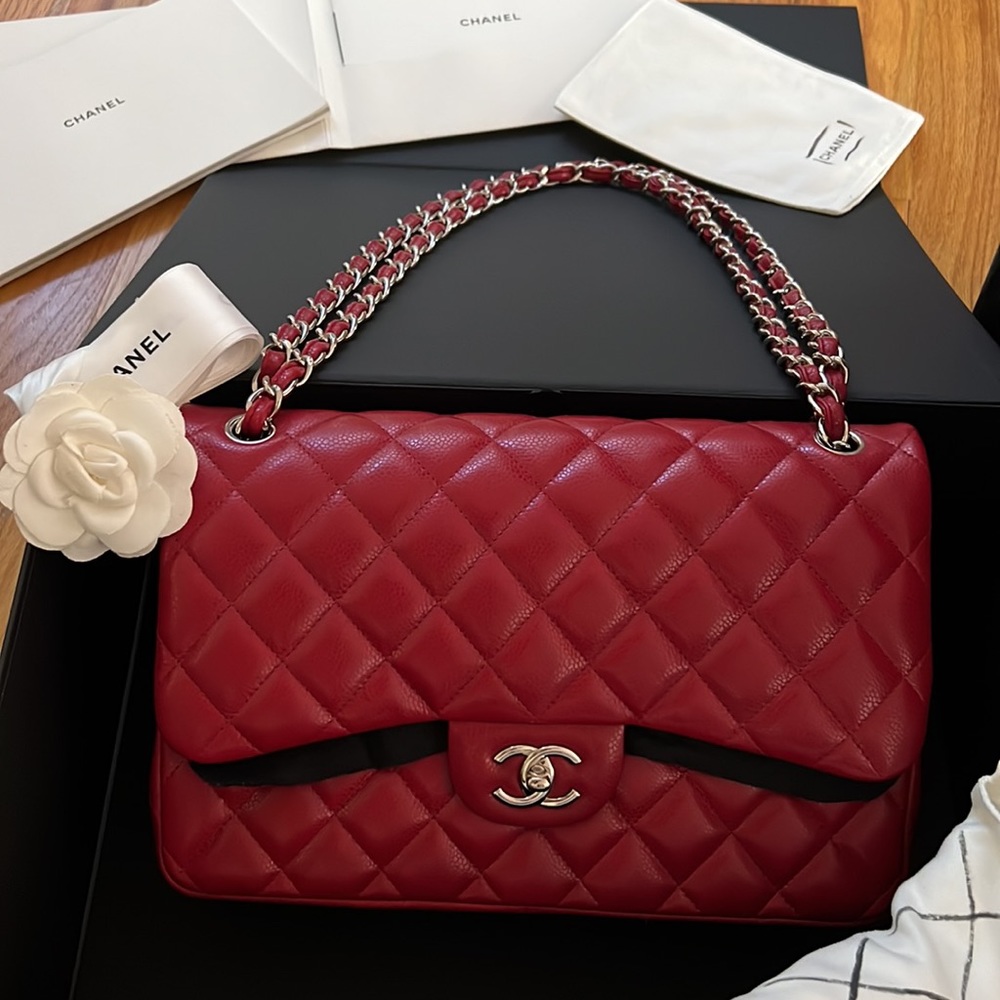 Chanel Classic, Double Flap, Quilted with Caviar leather, Jumbo Red Bag